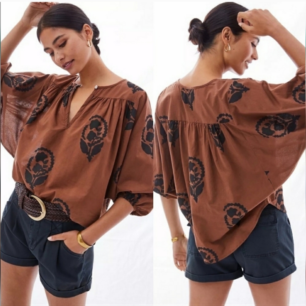 Anthropologie Brown Floral-Print Peasant Blouse
